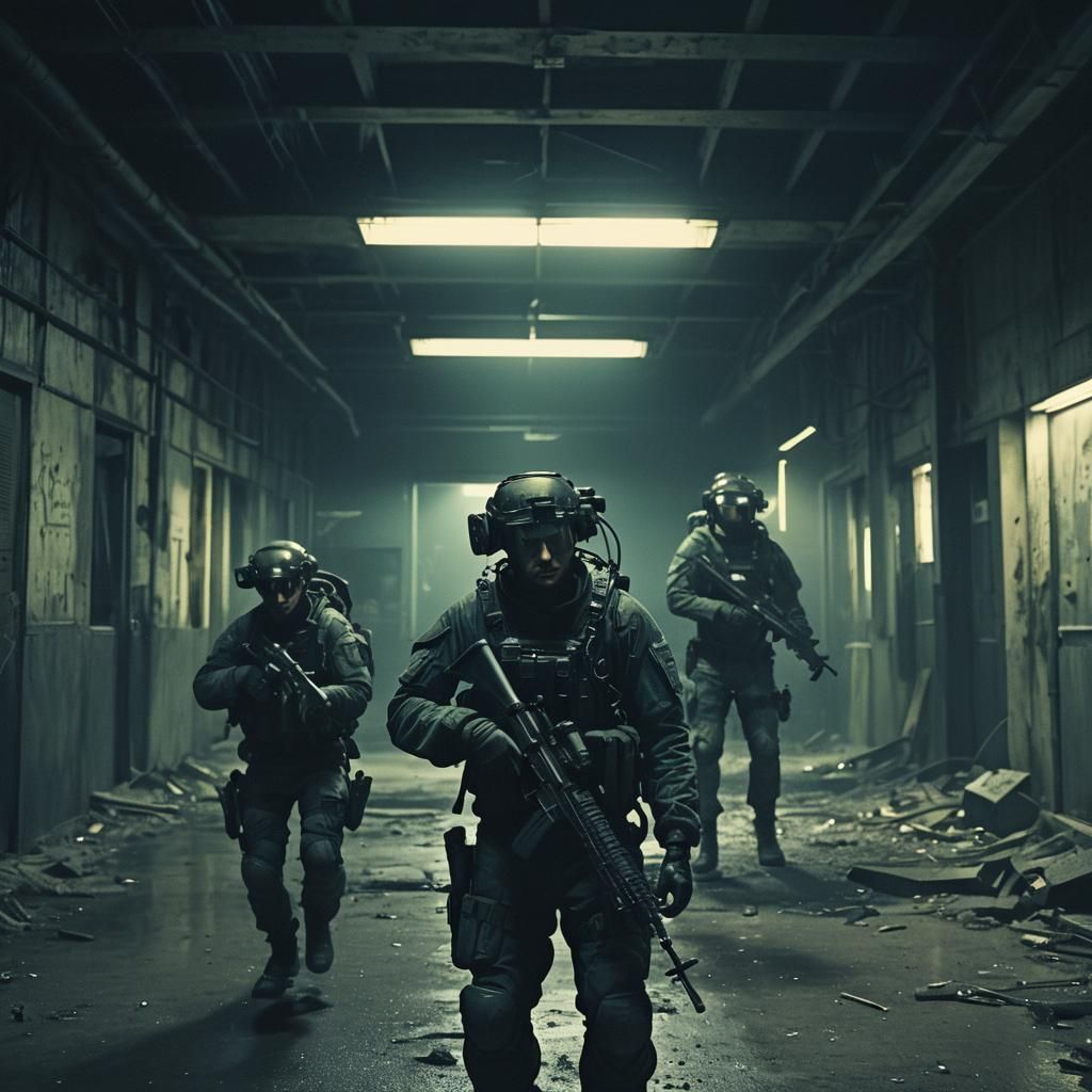 Tactical Marines in Abandoned Facility: Neo-Noir Film Still