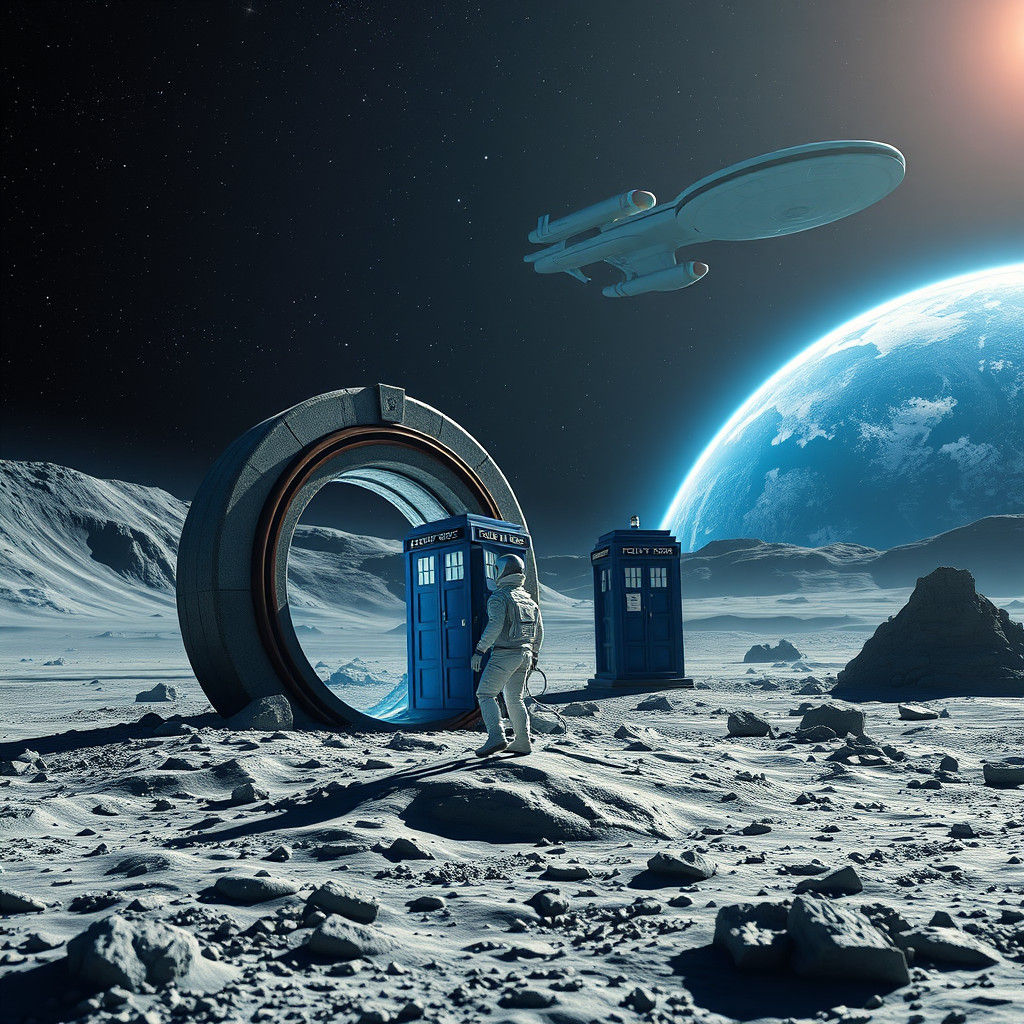 Astronaut, Police Box, and Starship on the Moon
