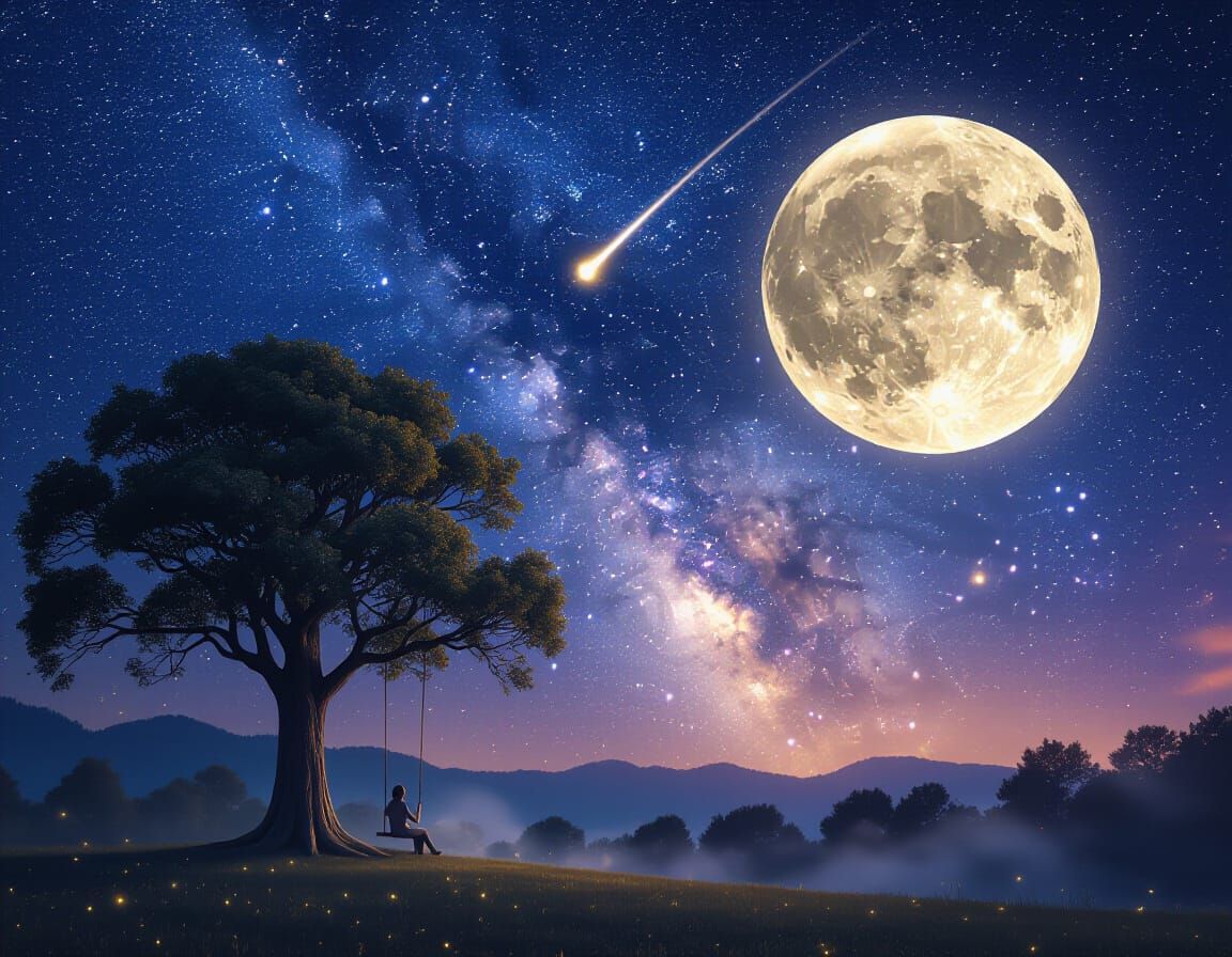 Vast Night Sky with Glowing Moon and Starry Milky Way