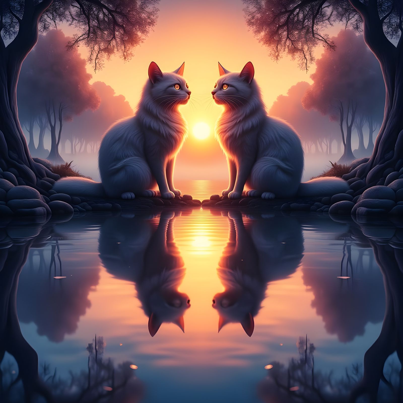 Symmetrical Cat Reflection in Mirror Image