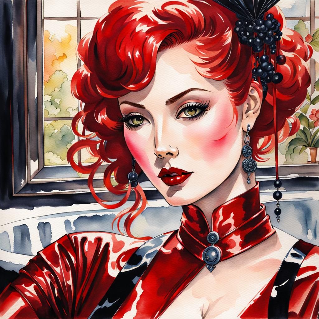 Gothic Mistress in Red Latex: Watercolor Portrait