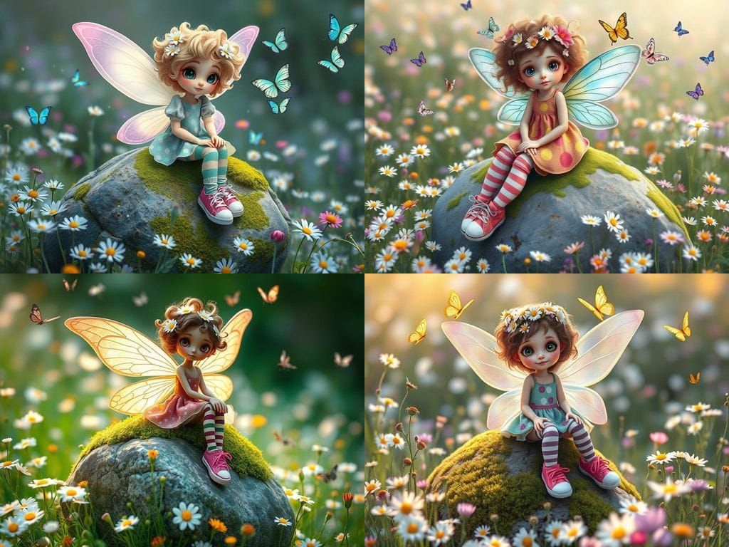 Whimsical fairy sitting in a vibrant meadow of daisies and wildflowers, her delicate wings glowing softly. She wears a c...
