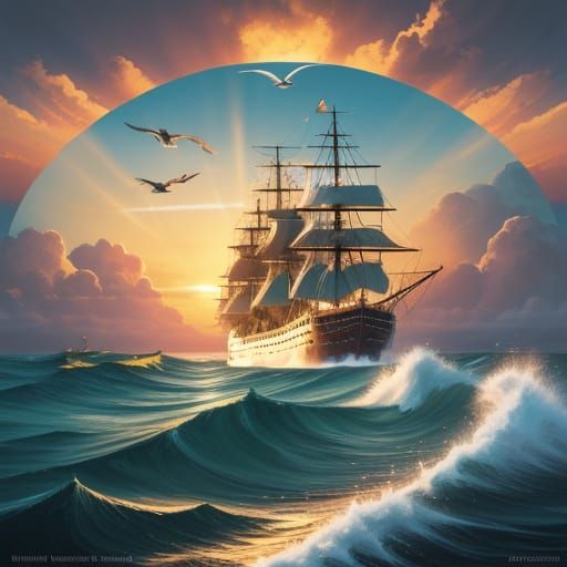 Ship Sails on Ocean at Sunset: Concept Art
