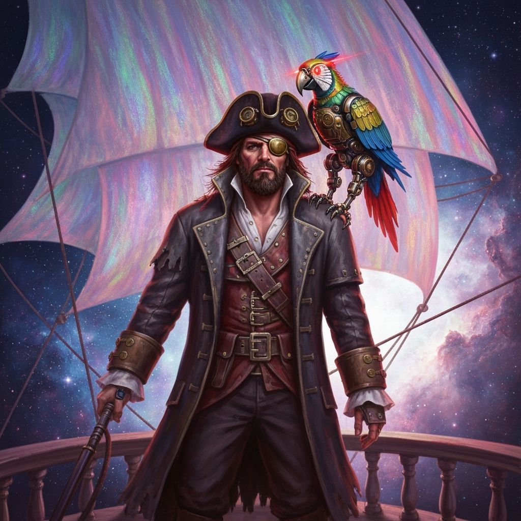 Steampunk Pirate Captain Sailing Through Nebula