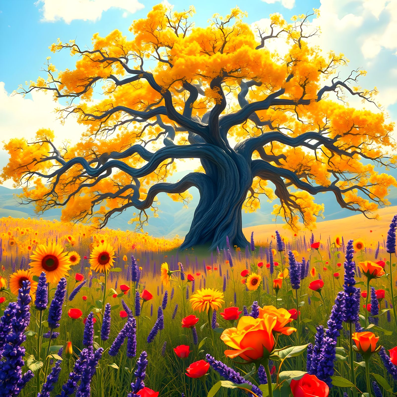 Golden Tree in Vibrant Sunflower Field with Lavenders and Ro...