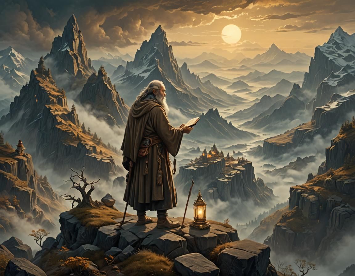 Hermit on Misty Peak: Epic Digital Matte Painting