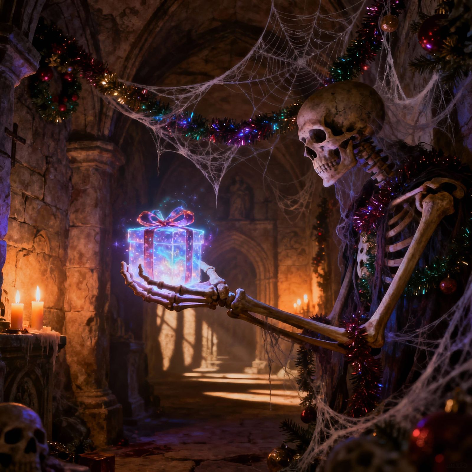 Gothic Christmas Crypt Scene with Spectral Gift
