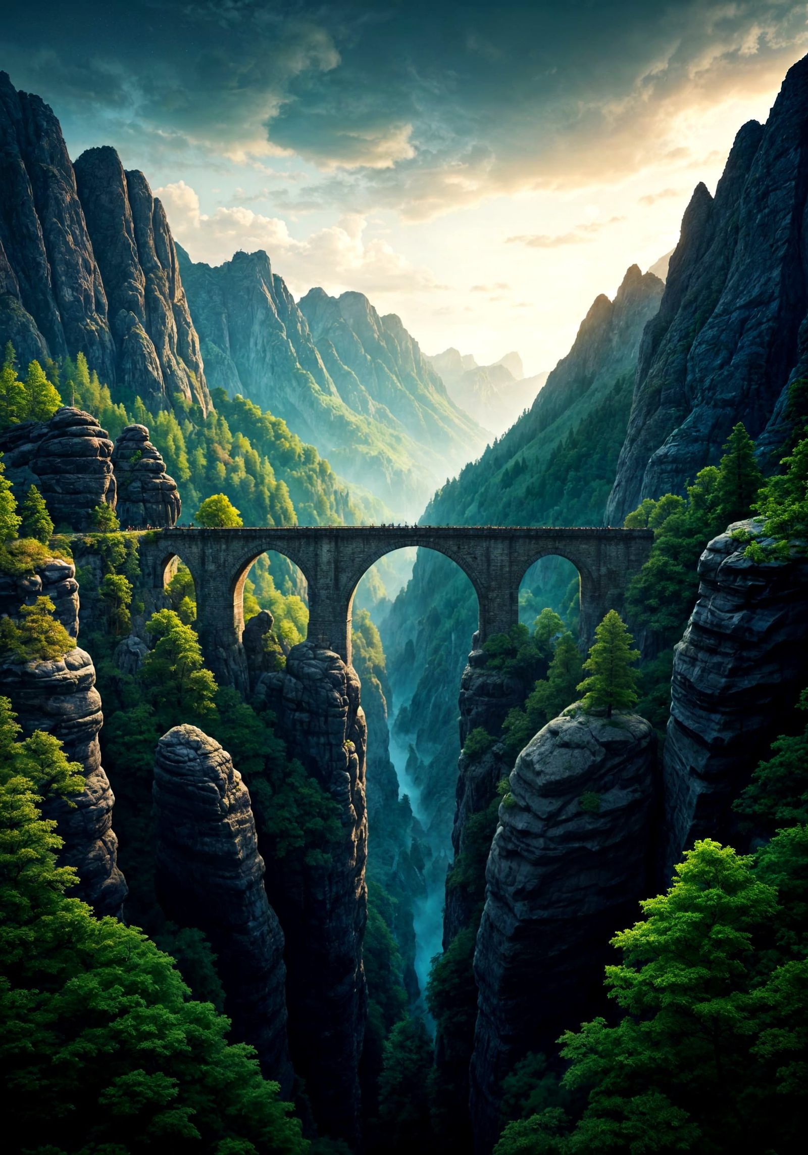 Ethereal Craggy Rock Bridge Amidst Breathtaking Swiss Mounta...