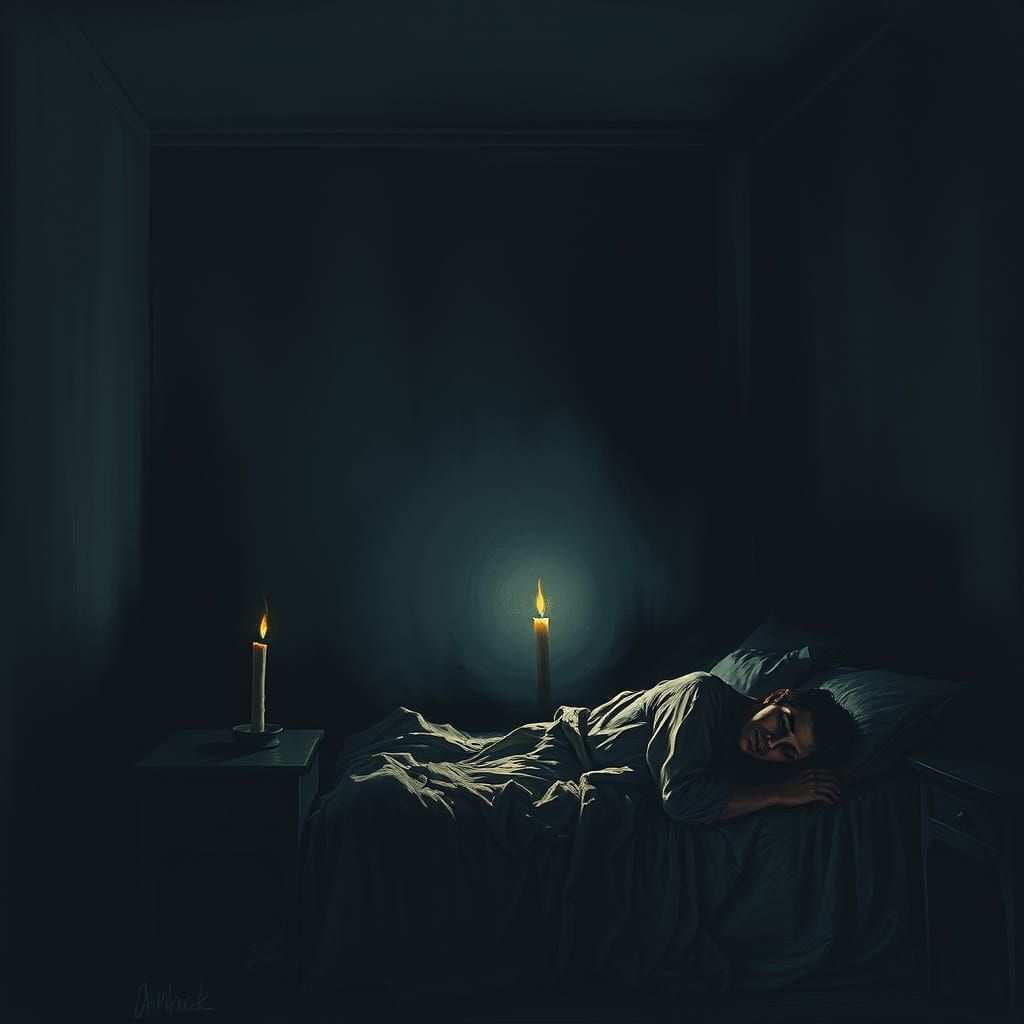 Dark, Foreboding Bedroom Scene in Muted Colors