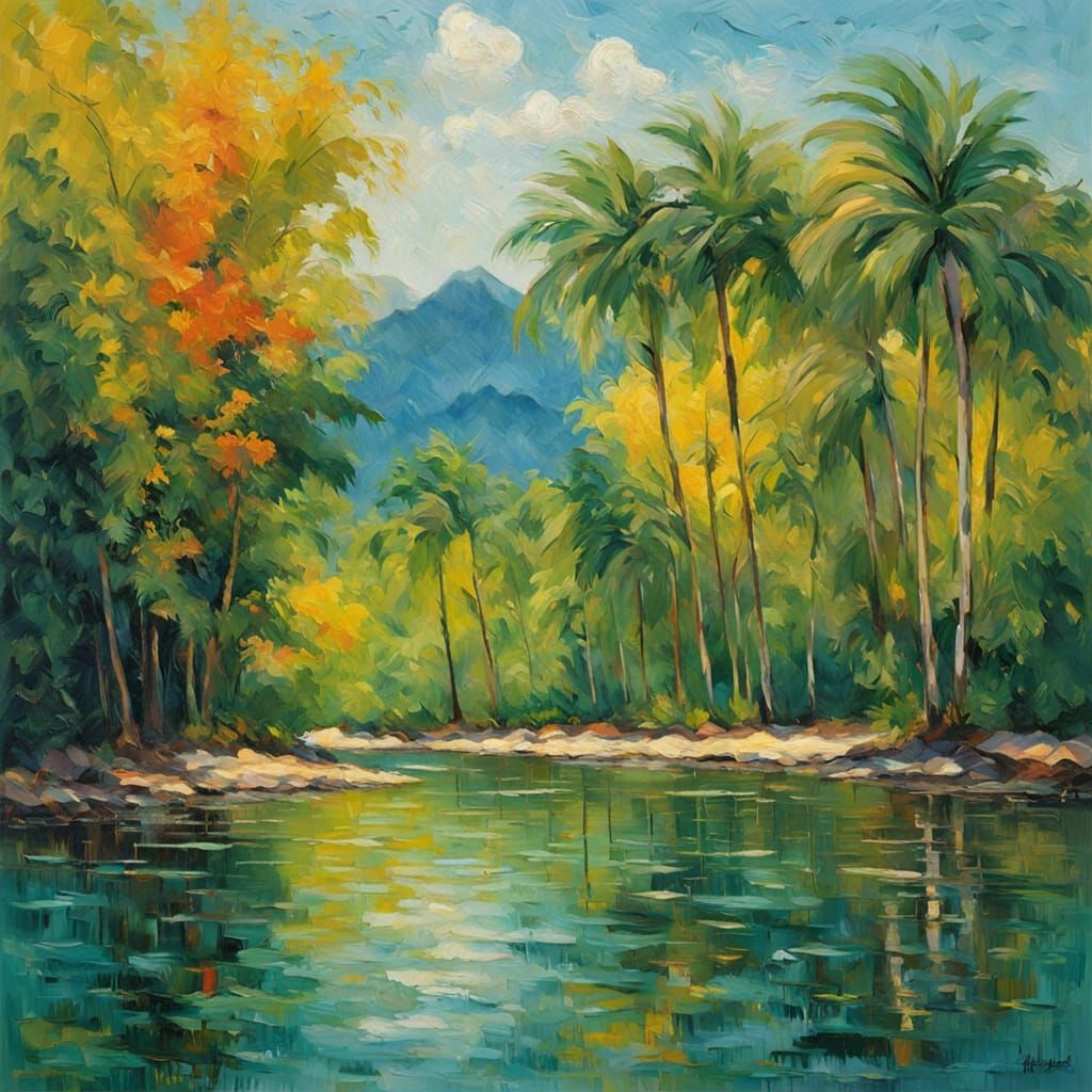 Neo-Impressionist Tropical Island Paradise Painting