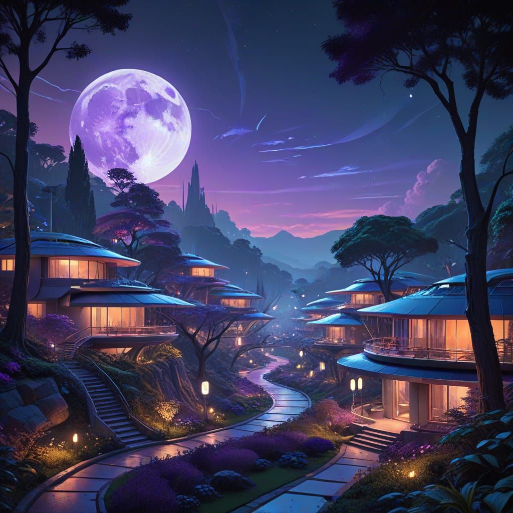Serene Futuristic Neighborhood Under Lunar Sunset