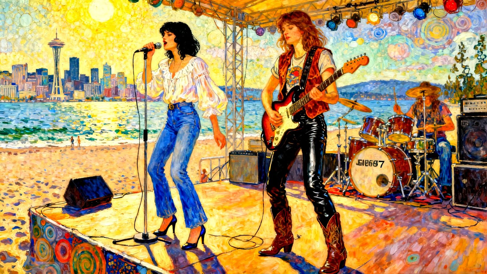 Surreal Oil Painting of Female Rock Stars on Seattle Beach S...