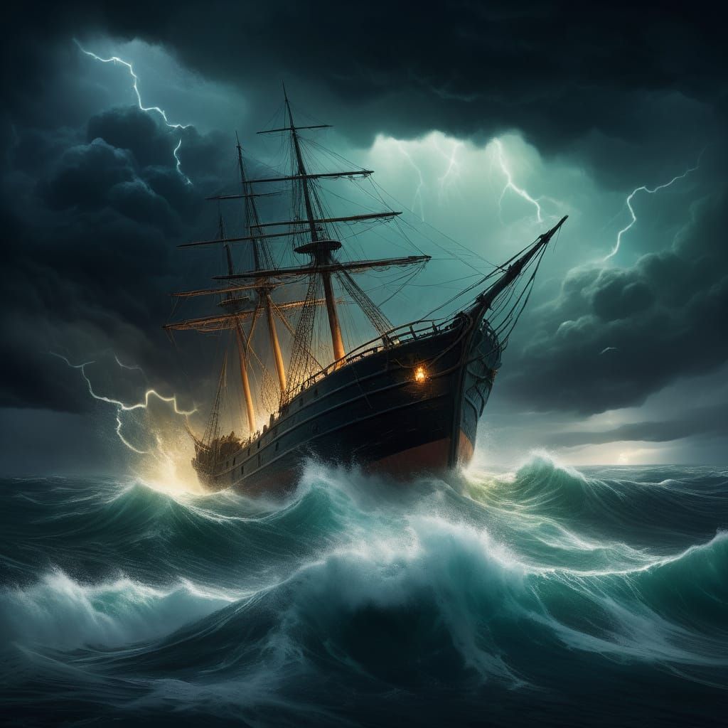 Raging Sea Storm With Ship in Dramatic Light