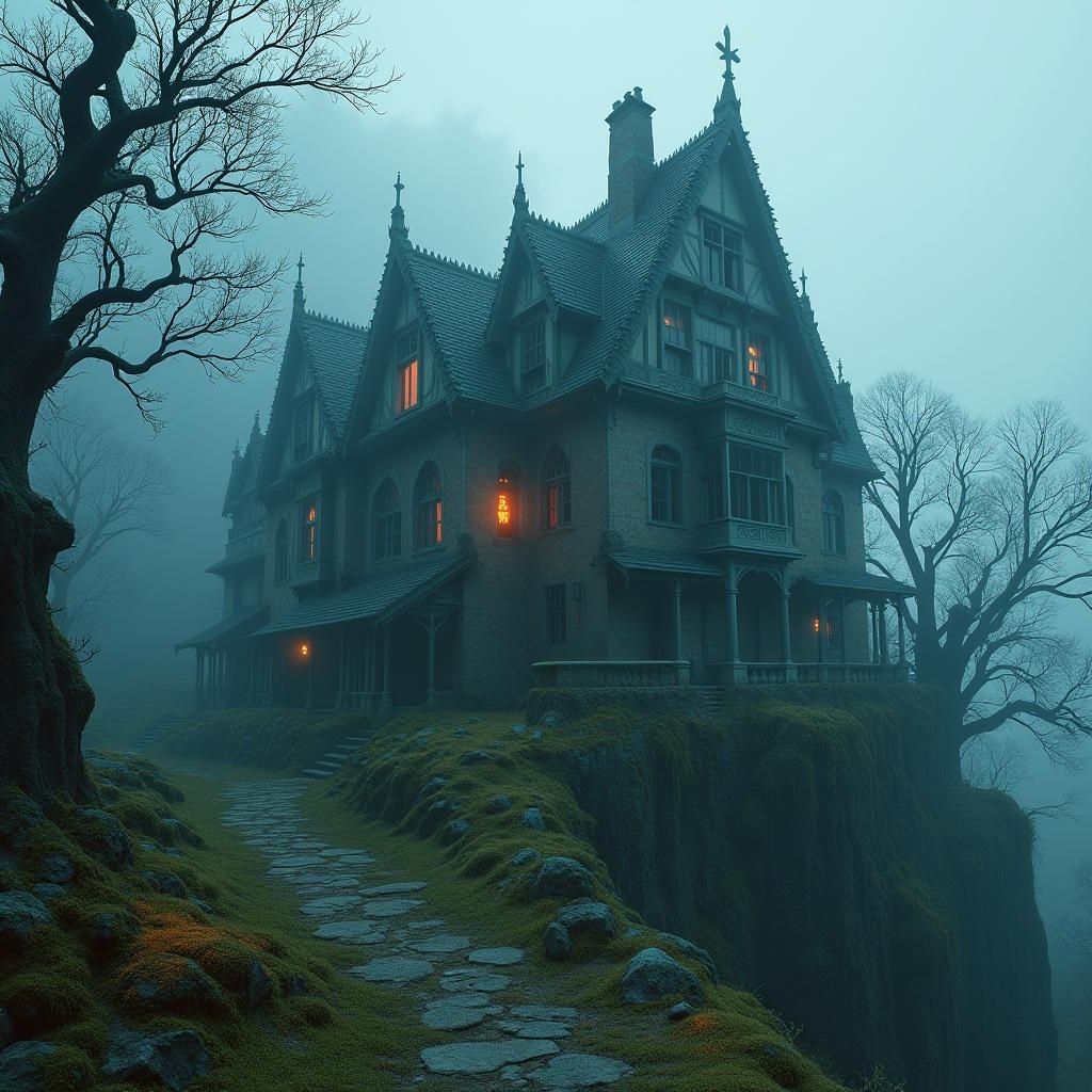 Mysterious Haunted Mansion in Misty Mountains: Gothic Concep...