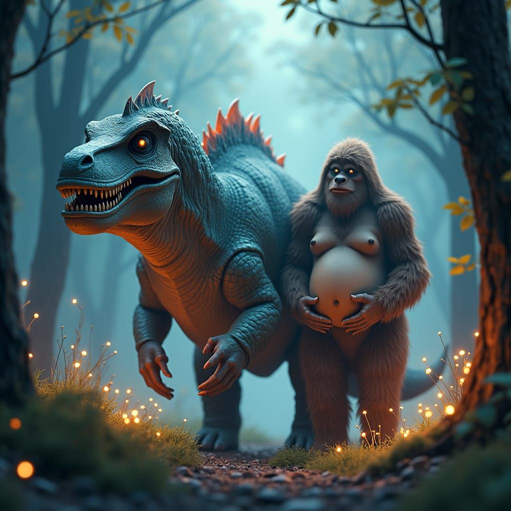 Dinosaur Pulled by Bigfoot in Mystical Forest