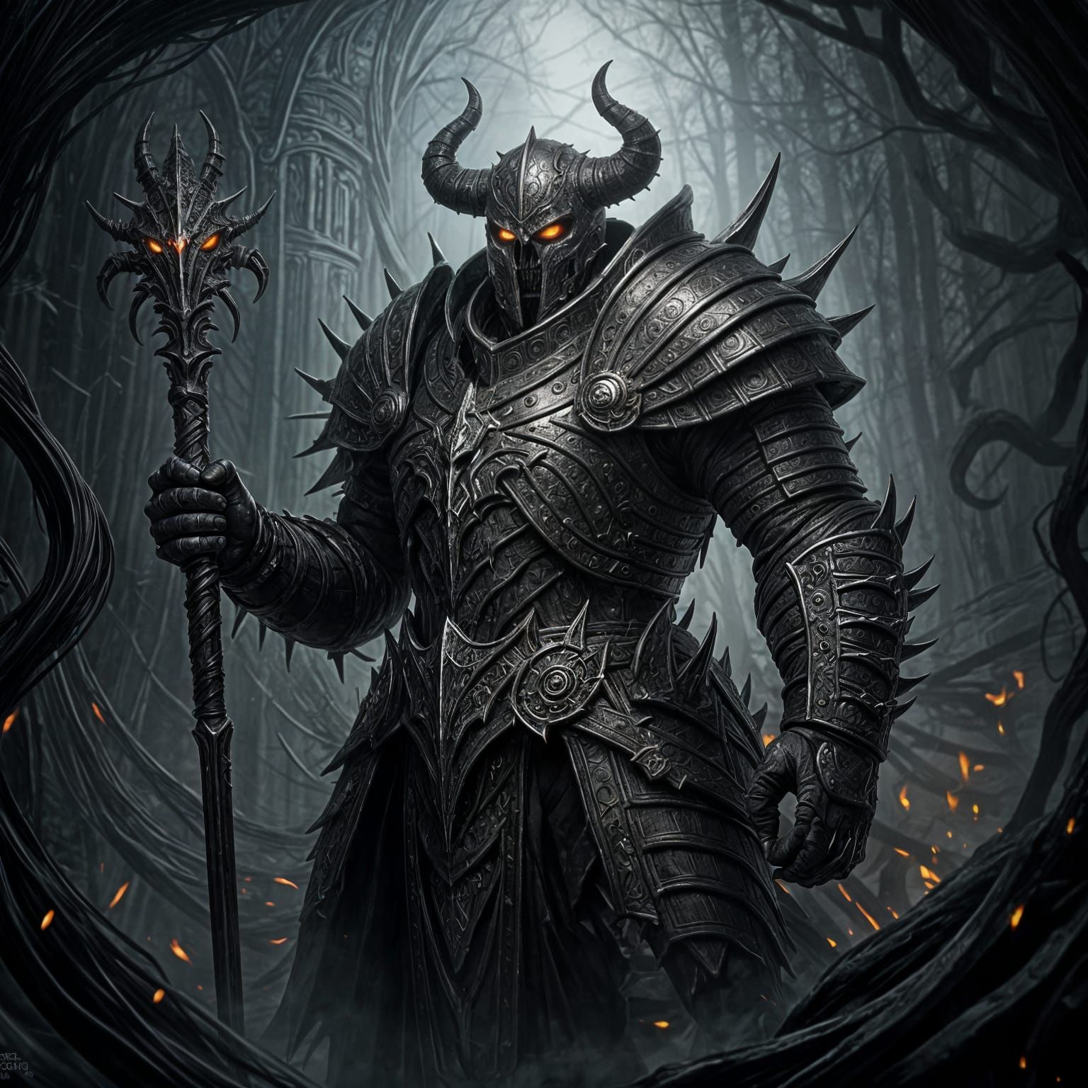 Darkness Embodied: Grim, Menacing Figure in Forged Armor