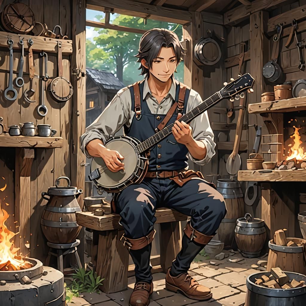 Blacksmith Plays Banjo in Anime Style