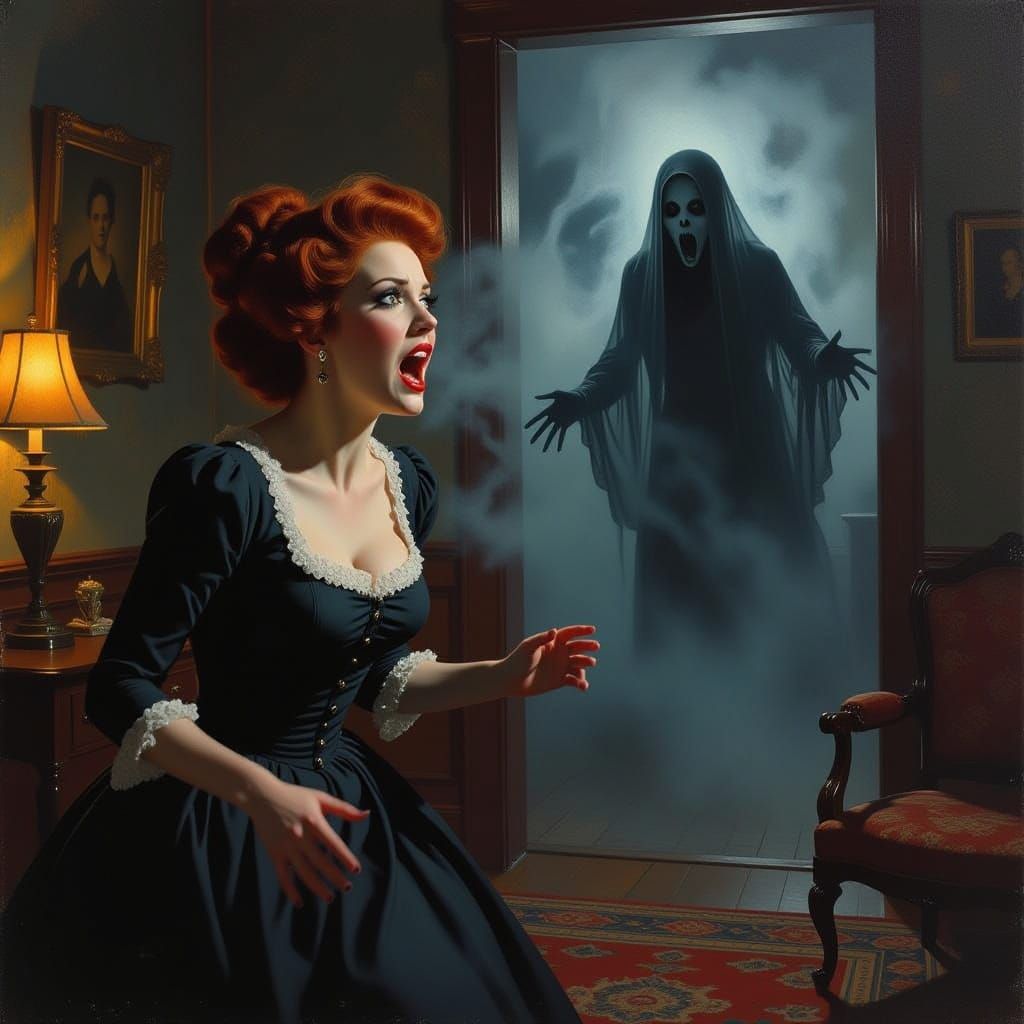 Victorian Woman Fleeing Ghost, Impressionistic Horror