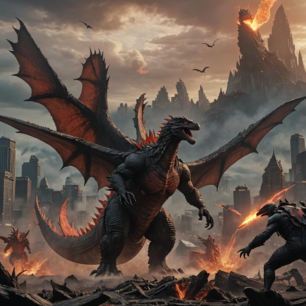 Godzilla fighting Rodan from the famous Toyo movies, 4k resolution, Unreal Engine meticulous detailed,  colorful eerie l...