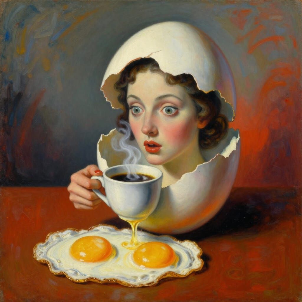 Surreal Woman's Head With Fried Eggs, Oil Painting Style