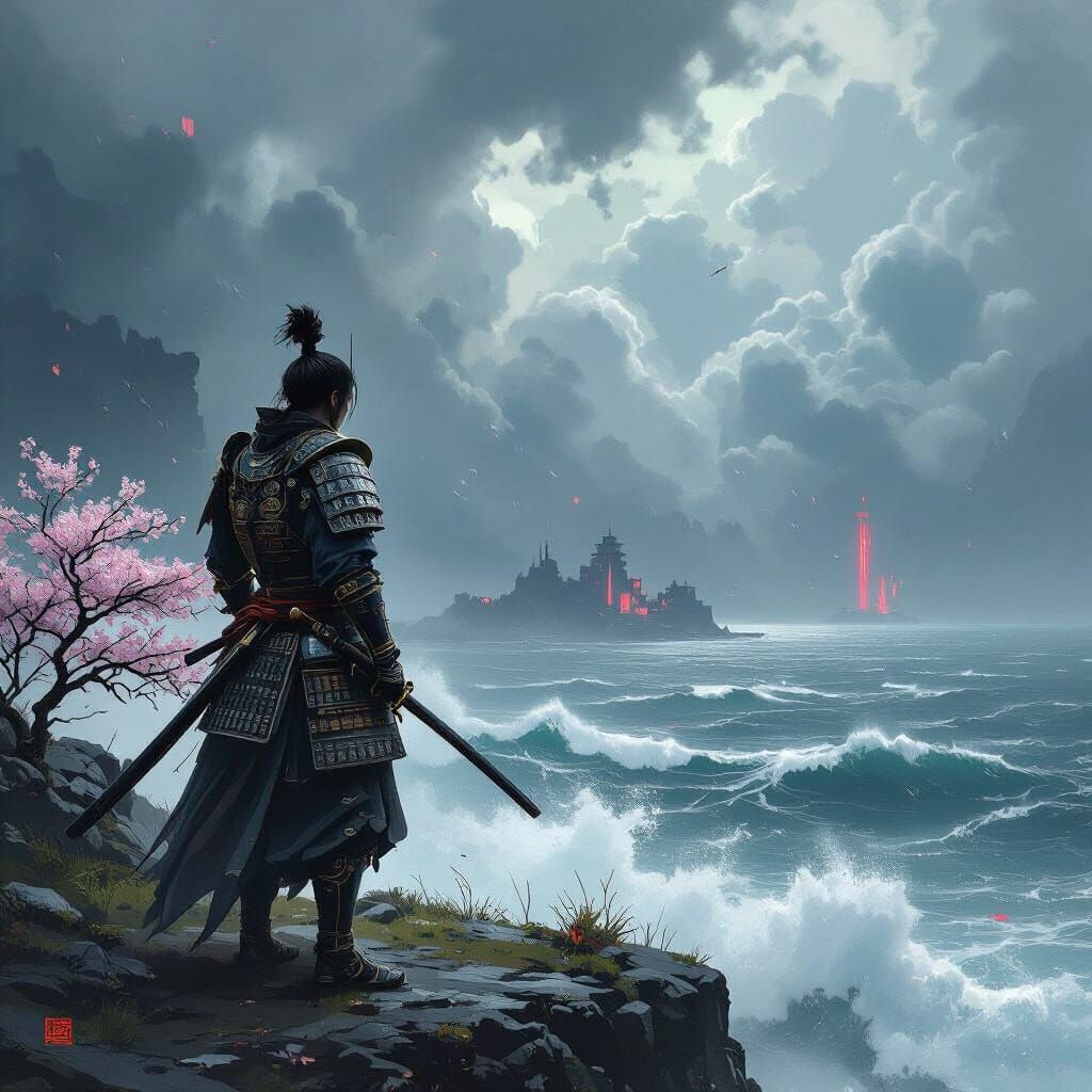 Stoic Samurai on Windswept Cliff Overlooking Stormy Sea