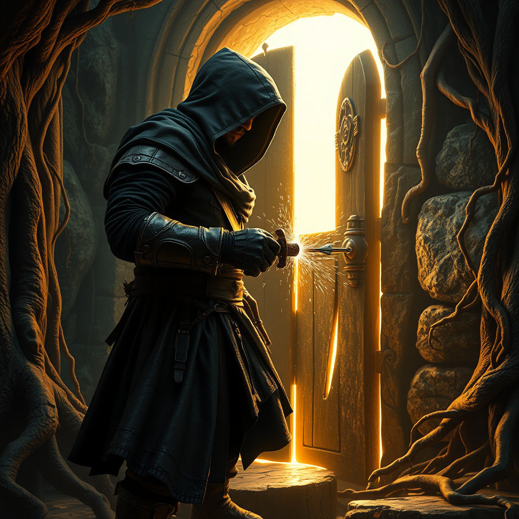 Thief Cracks Ancient Door in Mystical Forest
