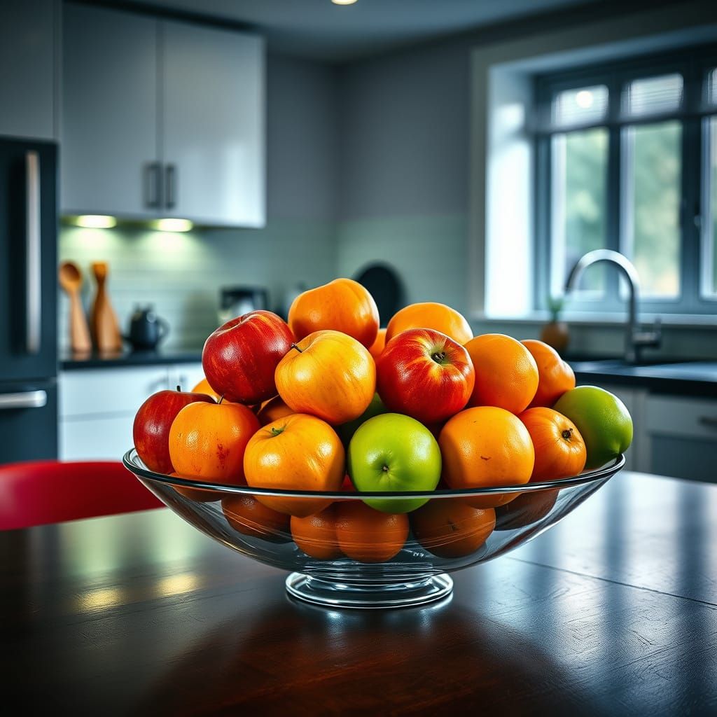 Neon Fruit Bowl in Modern Kitchen, Hyperrealistic Image