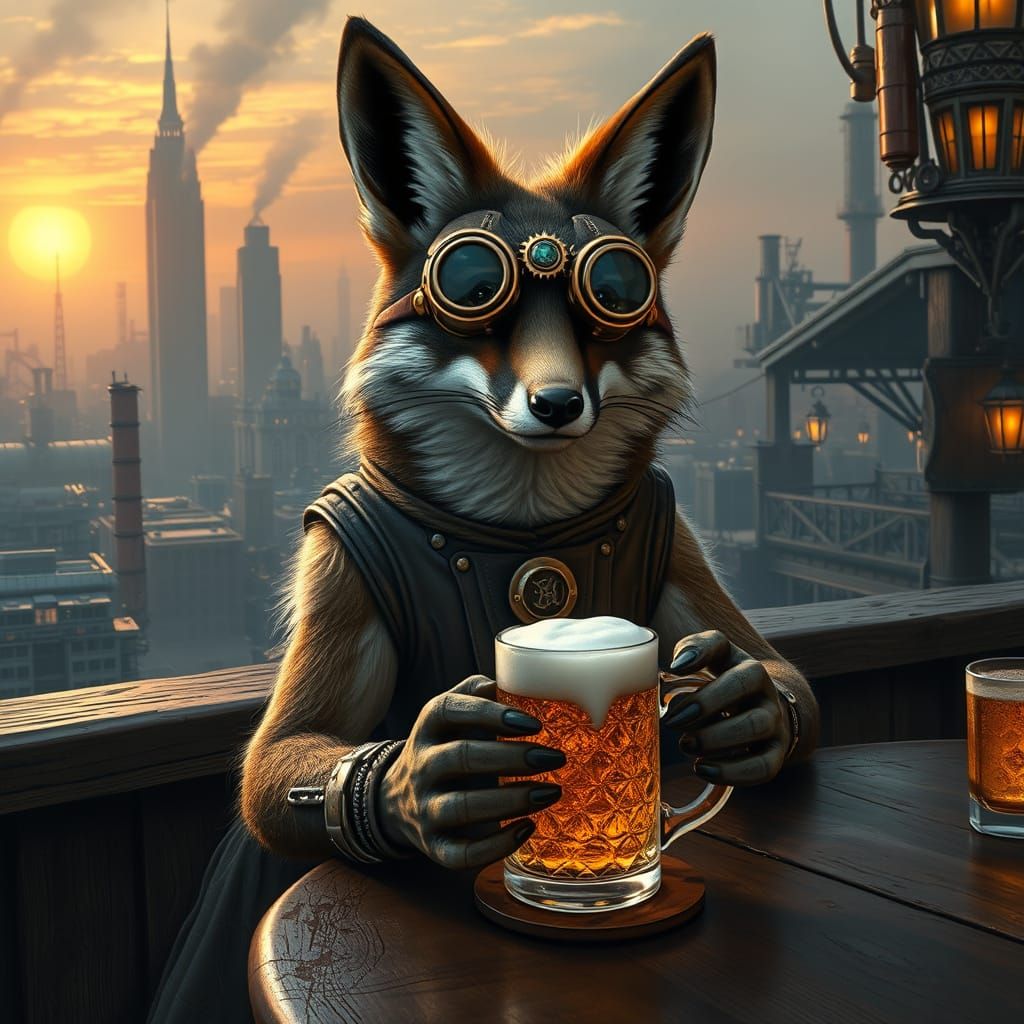 Majestic Steam Punk Fox Sips Beer in Industrial Metropolis
