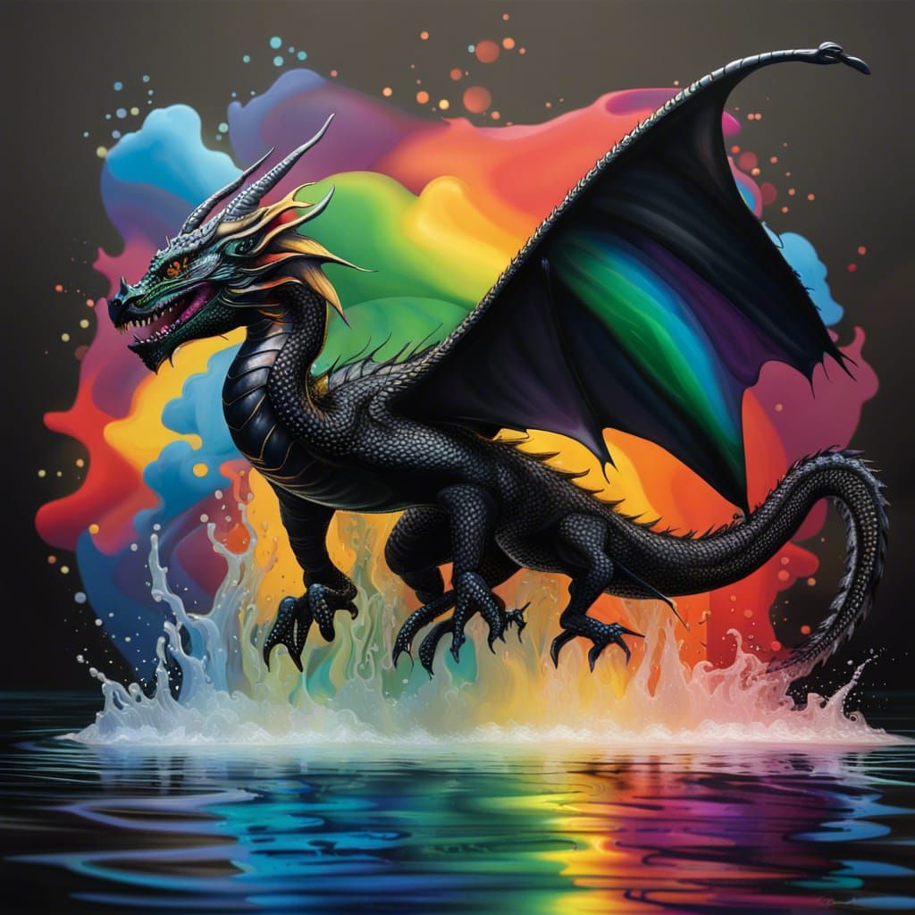 Hyperrealistic Black Dragon Rainbow Reflection