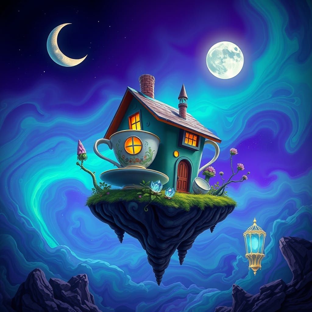 Whimsical Teacup House in Bioluminescent Nebula