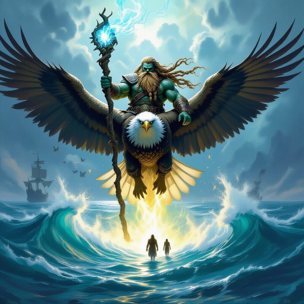Muscular Troll Warrior Rides Eagle Over Parted Seas