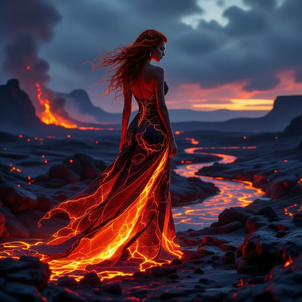 Fantasy Woman in Molten Lava Dress: Cinematic Volcanic Scene