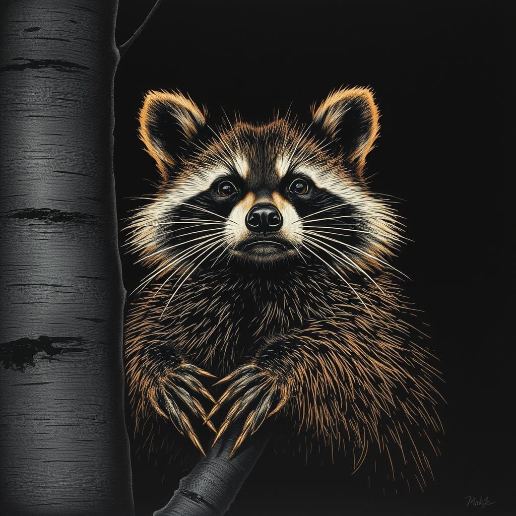 Realistic Raccoon Portrait in Scratchboard Style