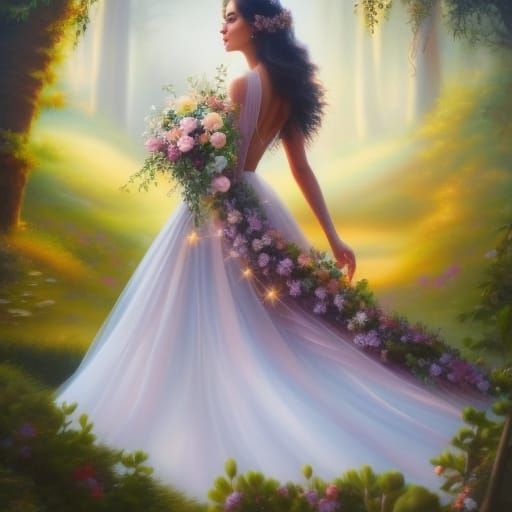 Ethereal Girl with Orb in Detailed Gouache Painting