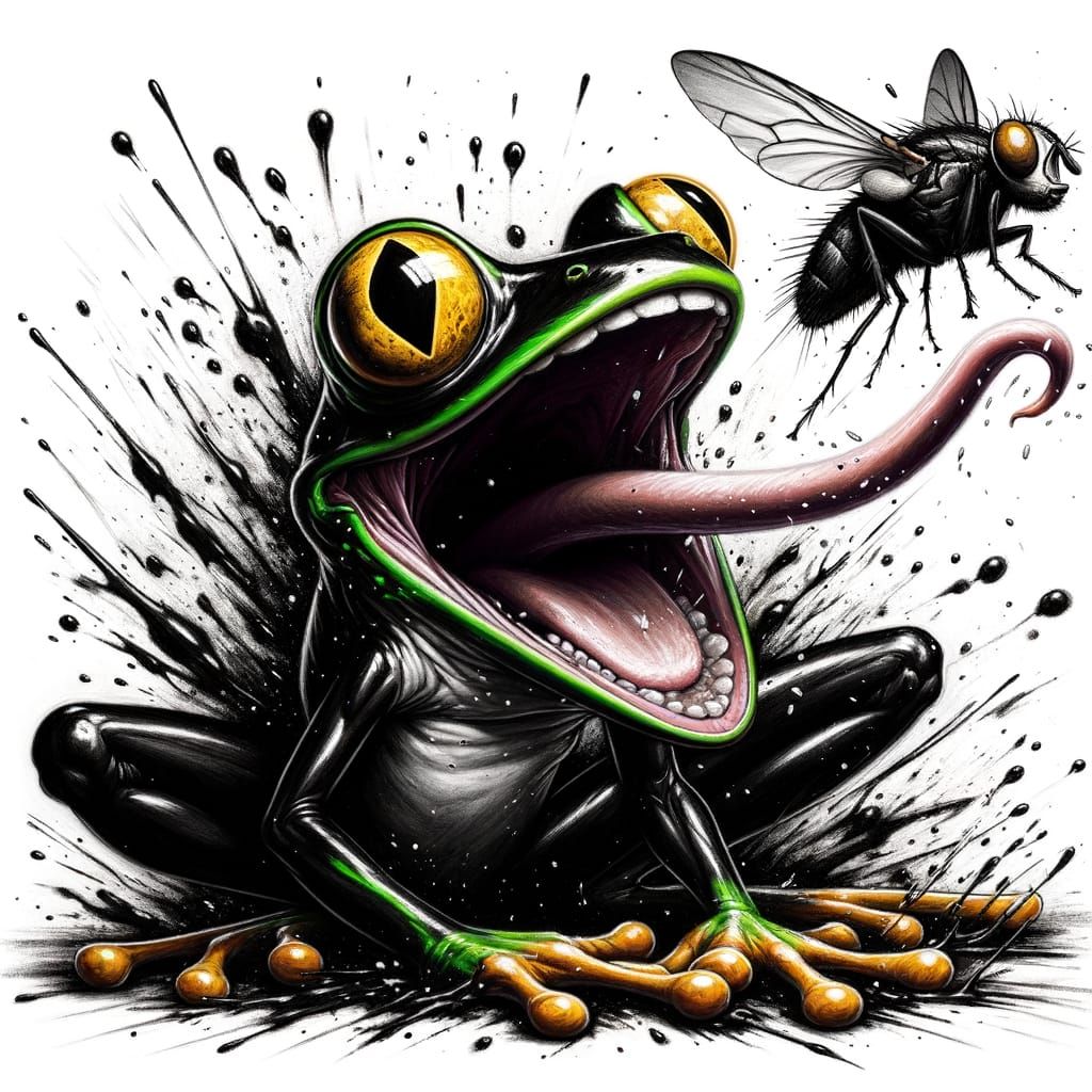 Victorious Frog with Fly in Charcoal and Pastel Hues