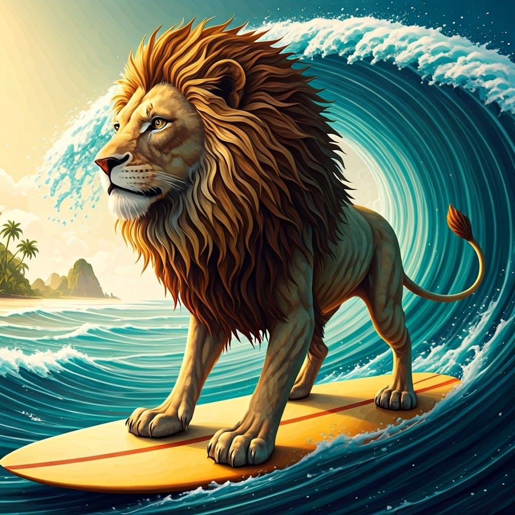 Papier-Mâché Lion Surfing Tropical Wave