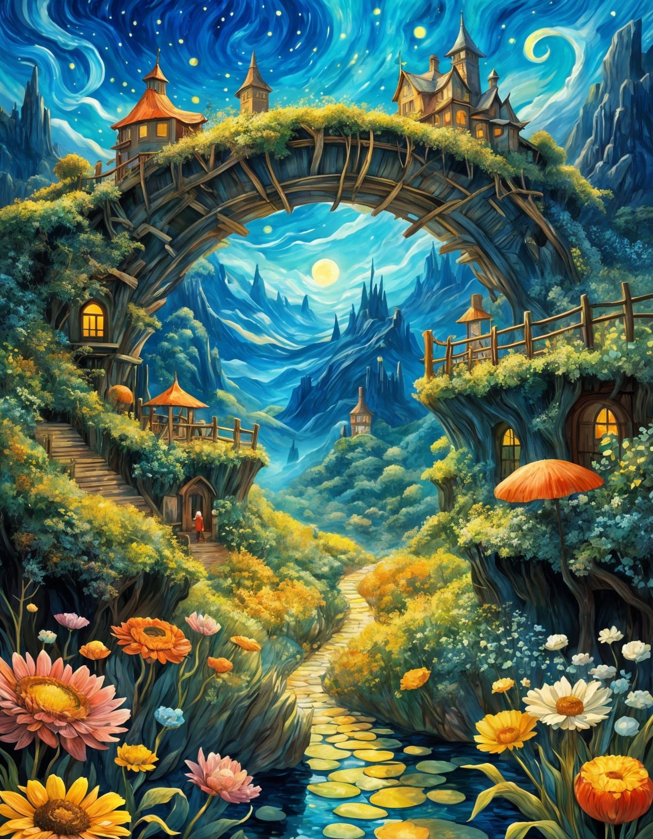 Whimsical Sci-Fi Fantasy Landscape in Van Gogh Style