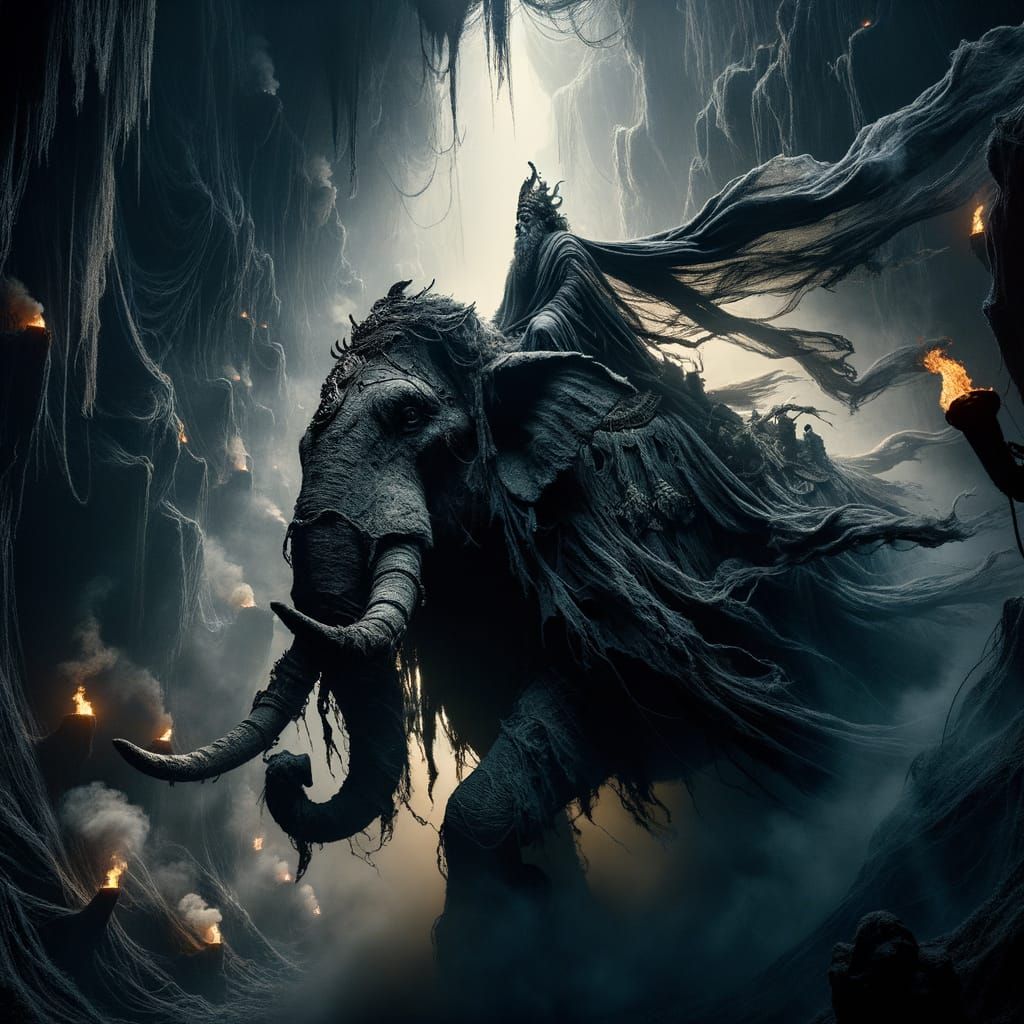 Ganesh Rides a Dark Rhinoceros under Torches in a Mythical U...