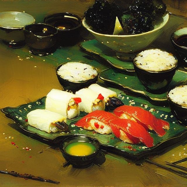 Japanese Breakfast Still Life in Dark Fantasy Style