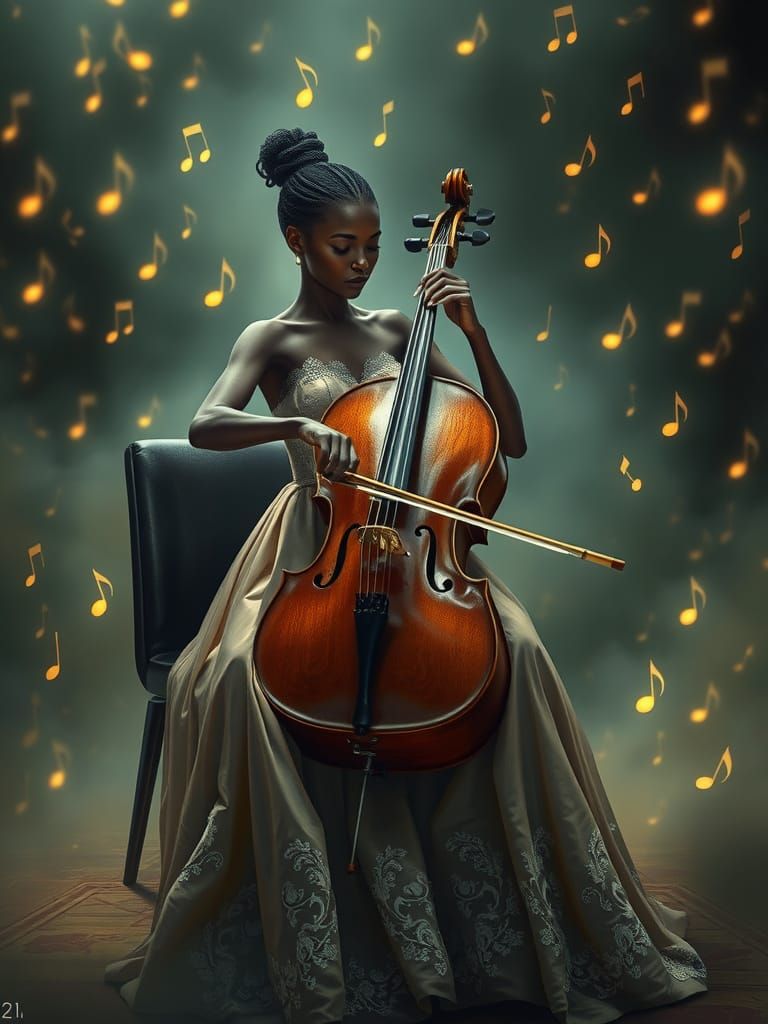 Elegant Cellist in Mystical Fog, Hyperrealistic Style
