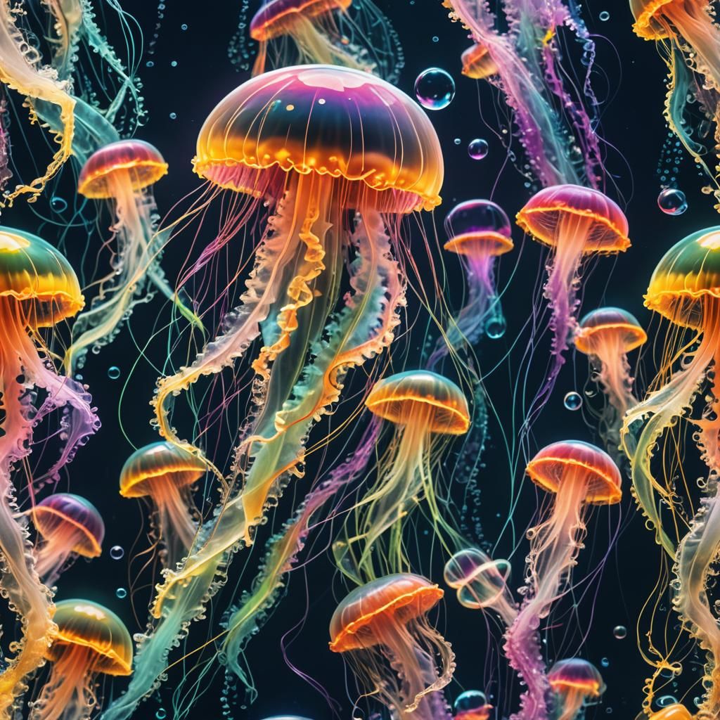 Glowing Rainbow Jellyfish with Bubbles