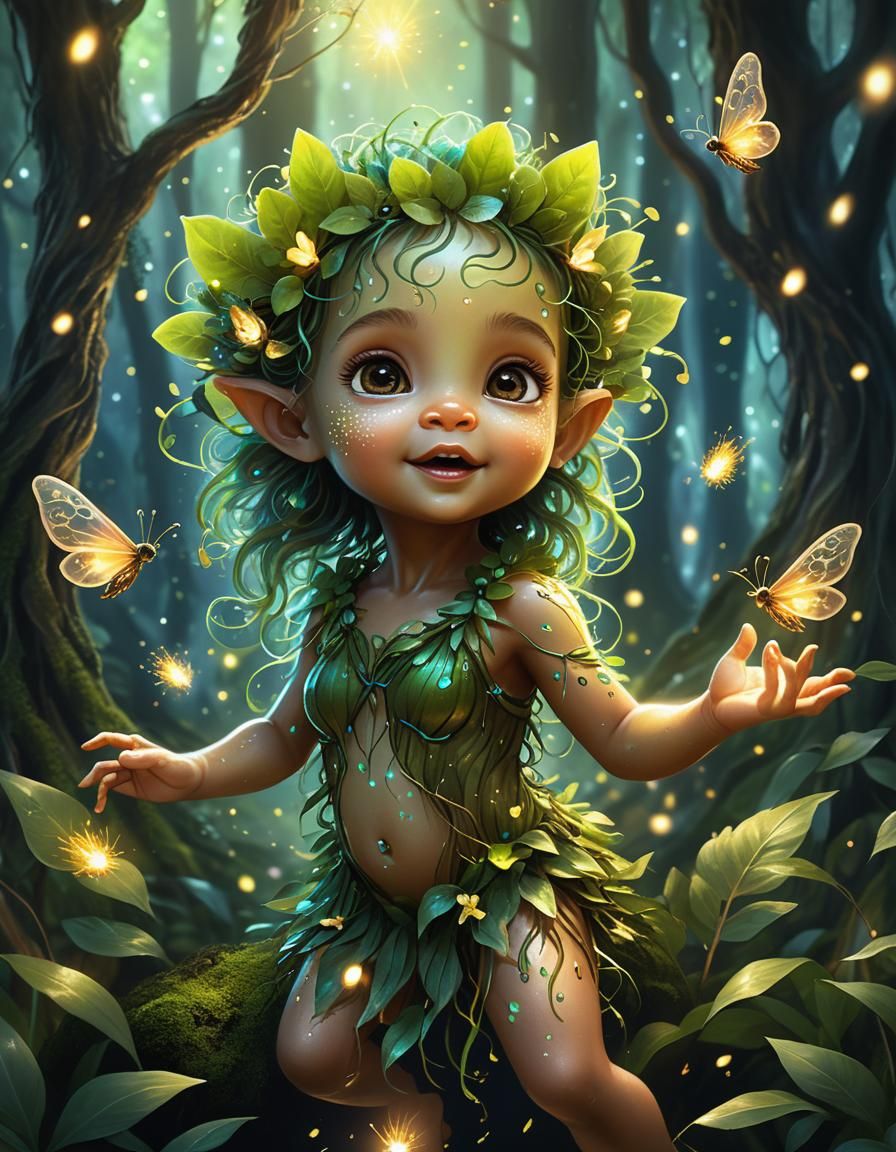 Adorable Baby Dryad in Magical Forest, Digital Art