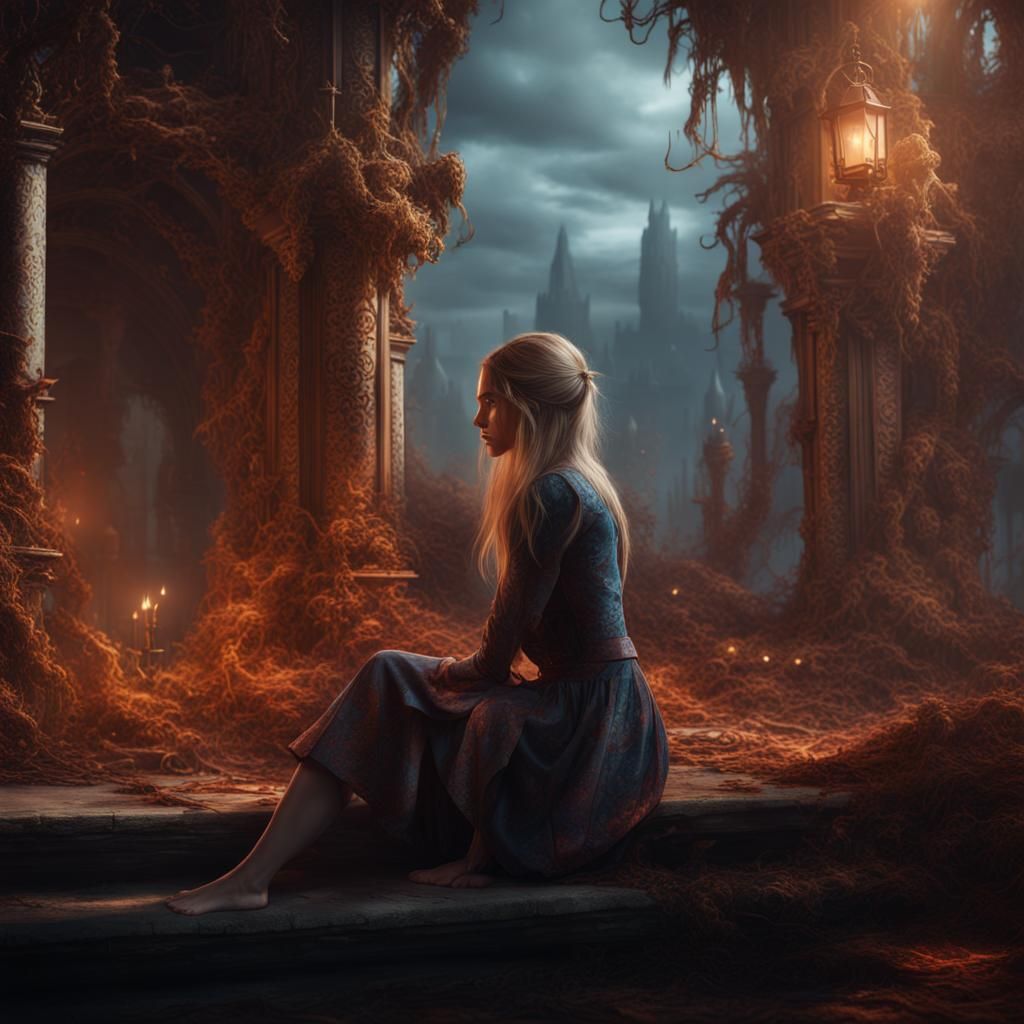 Eerie Eyes Watch Girl: Detailed Matte Painting