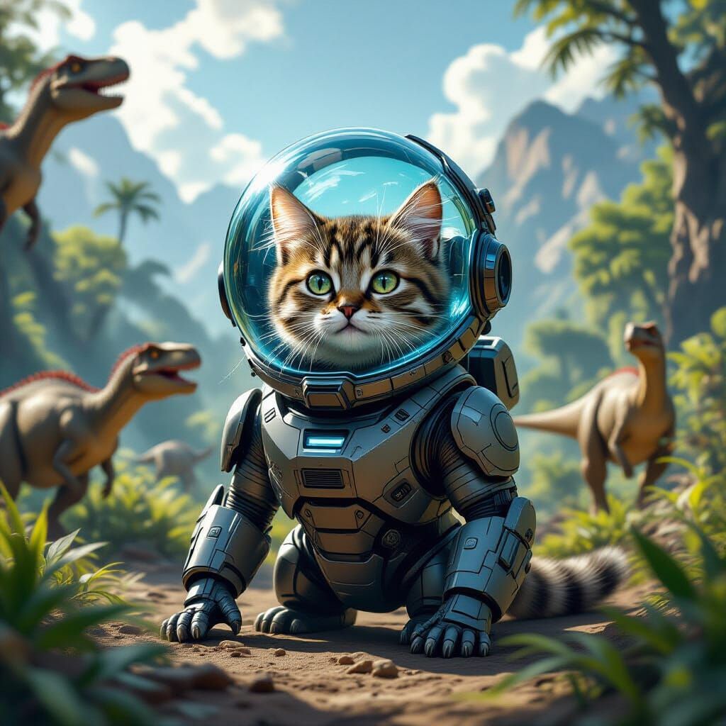 Kitty in Futuristic Exosuit Amidst Dinosaurs