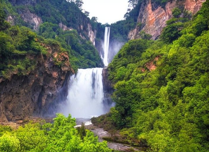Waterfall Vista in Mountainous Forest Landscape