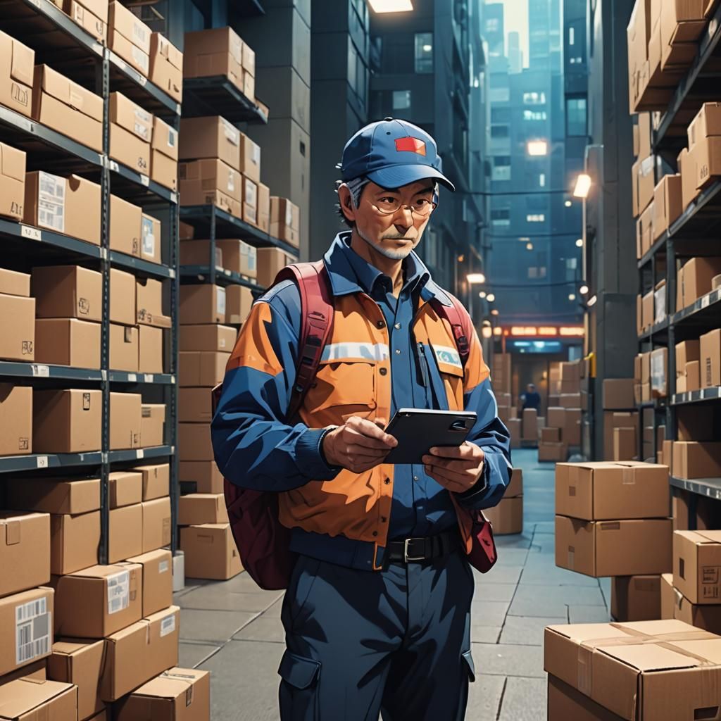 Delivery Courier Checks Package in Anime Style