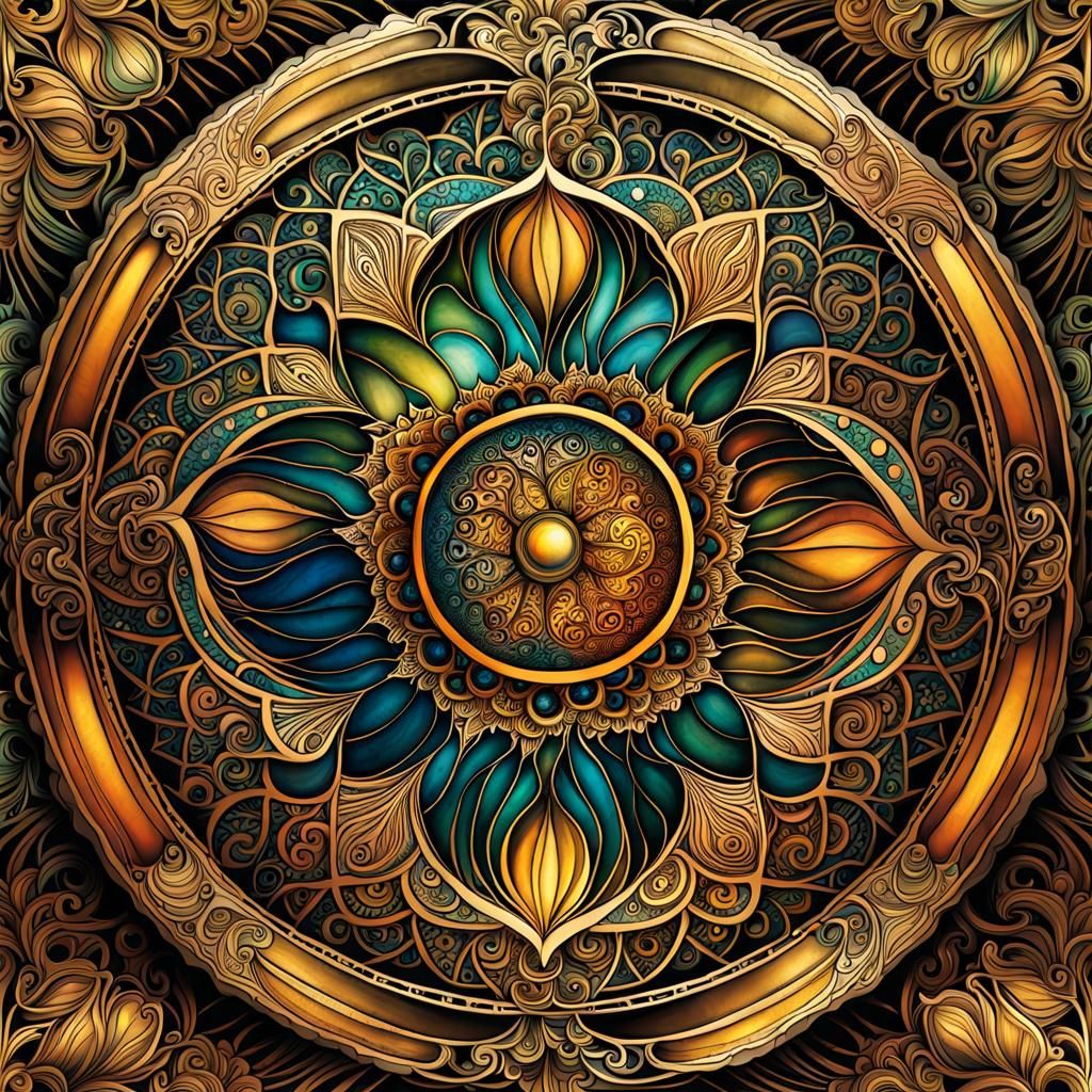 Golden Zentangle Mandala with Filigree Motifs