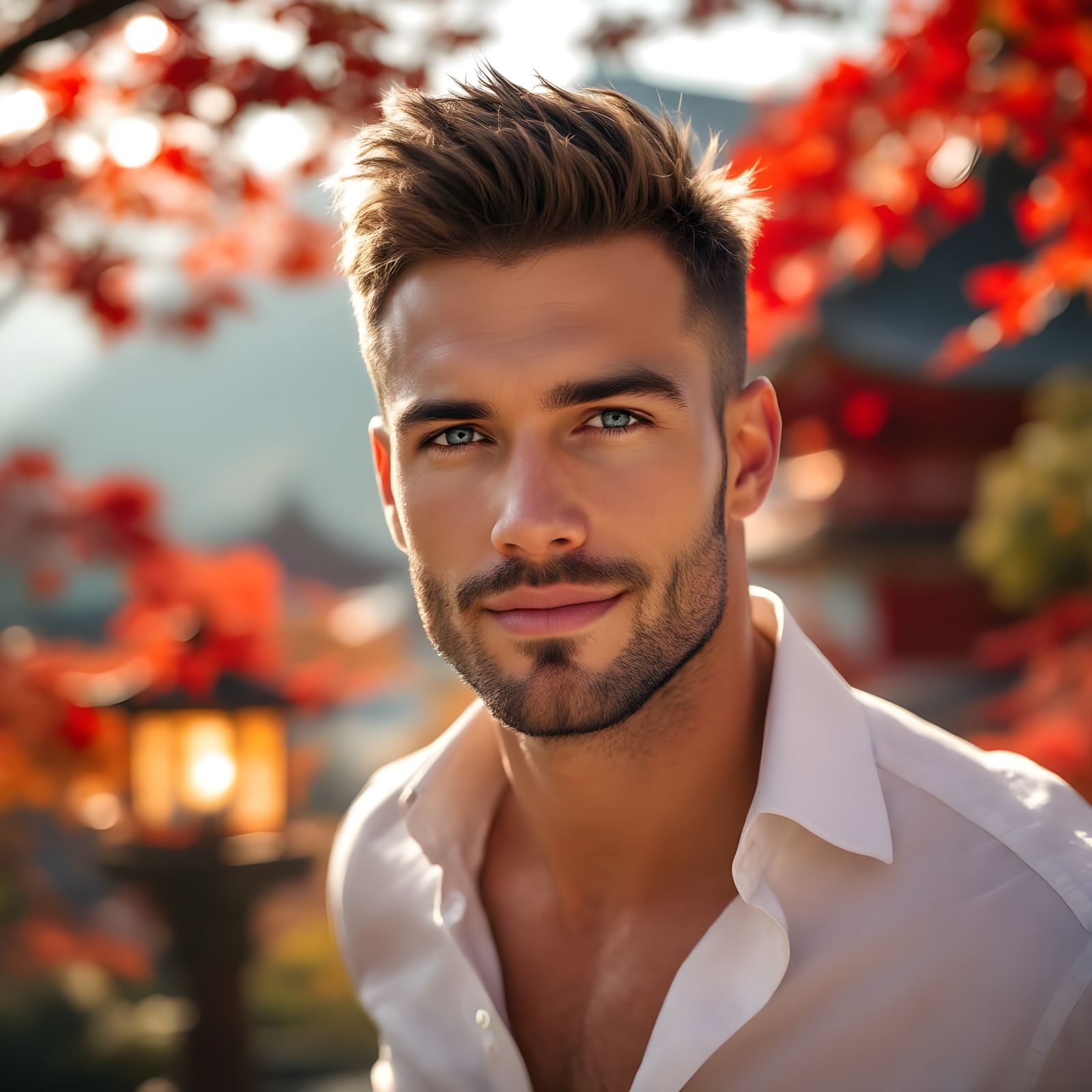 Handsome Man Amidst Kyoto Temple Autumn Splendor