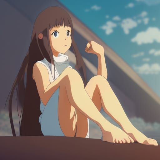 Anime Girl on Beach in Ghibli Style