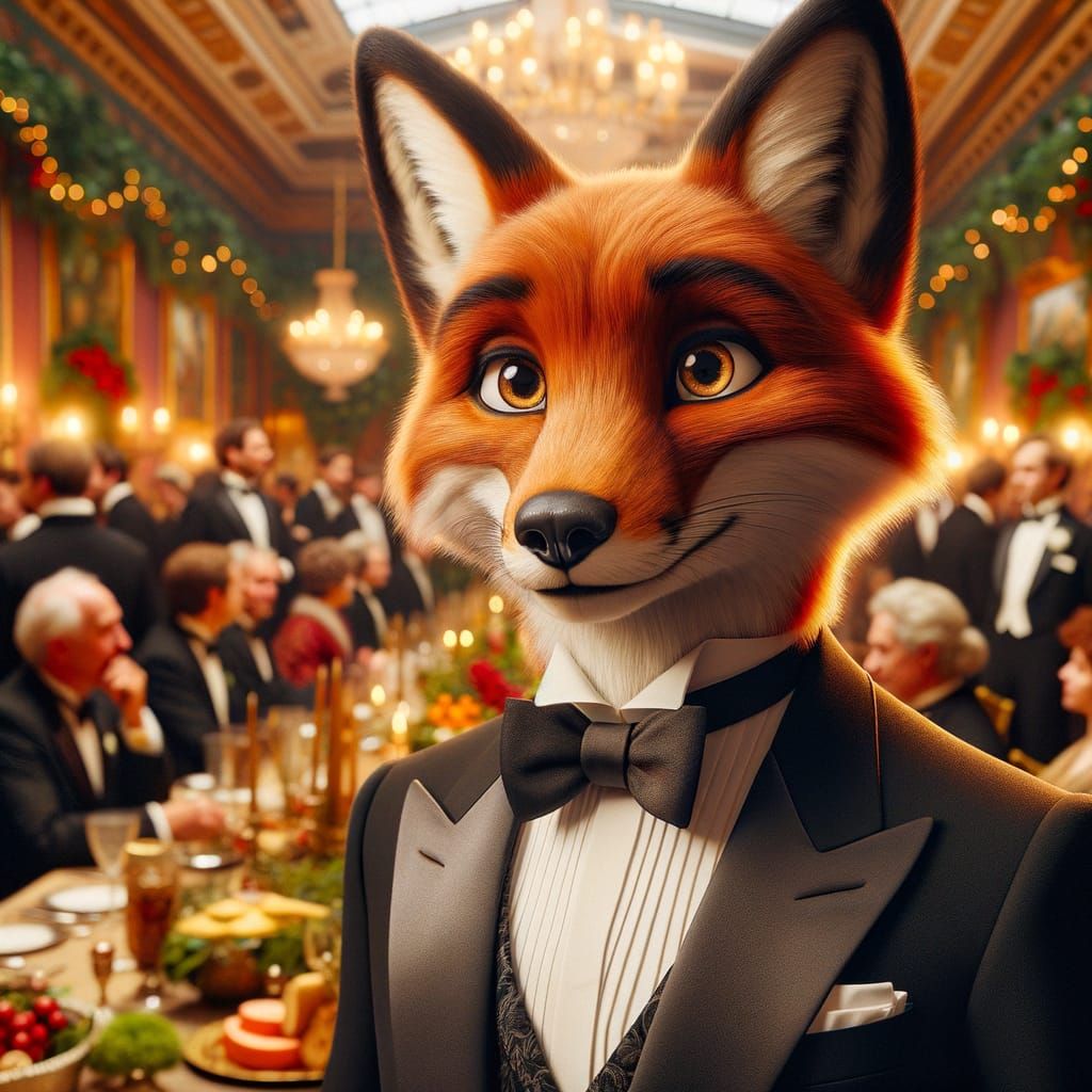 Elegant Fox in Tuxedo at 19th-Century Inspired Dinner Party